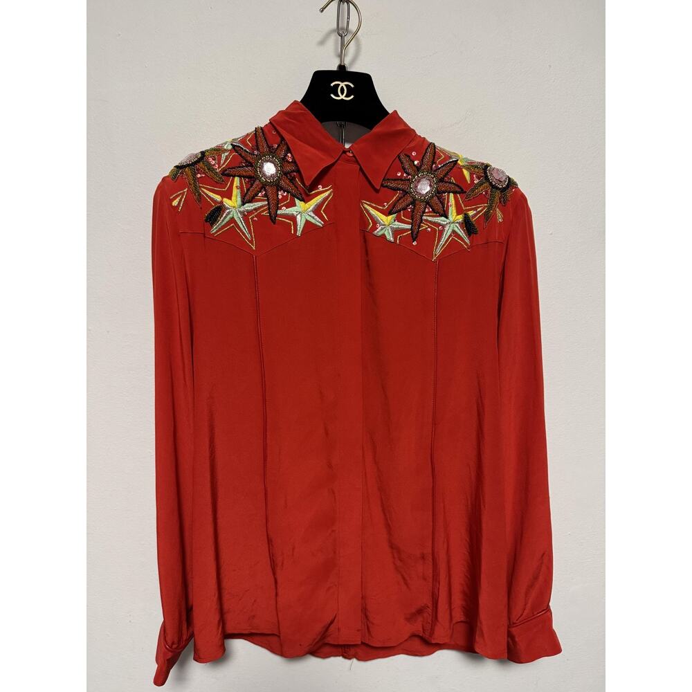 Cedars Shirt Womens 12 Red Silk Embroidered Western Beaded Star Floral Crystal